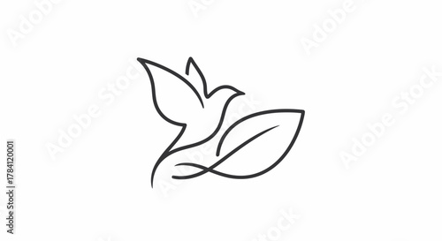 Minimalist line art illustration of a dove in flight positioned near a leaf, conveying themes of peace, nature, and environmental consciousness.