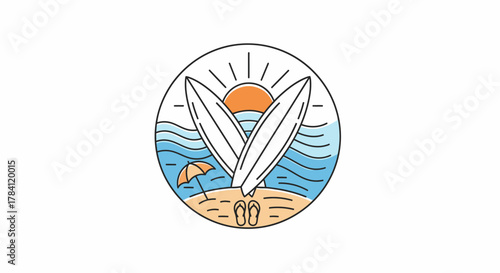 A circular illustration depicting two surfboards on a beach with waves, sun, umbrella, and flip-flops.