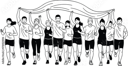 Group running silhouette, marathon participants, athletic teamwork, black and white vector, sport unity, fitness race, banner holding, motion pose, minimal illustration