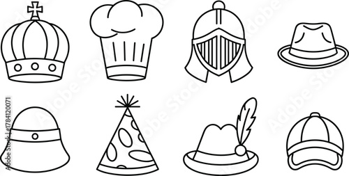 Hat illustration set, stylized headwear icons, black and white fashion and cultural hat graphics, profession and celebration headgear design elements