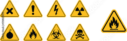 Hazard warning sign set, yellow triangle safety icons, stylized danger symbols illustration, flammable toxic biohazard alert graphics, industrial risk signage collection