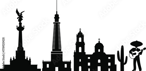 Mexican culture silhouette, black and white heritage icons, architectural landmark illustration, traditional music figure, cactus and monument graphic, stylized Mexico design