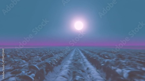 Abstract landscape with overhead sunlight and rows in a cool color scheme