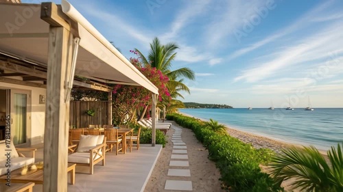 Wallpaper Mural Tropical Beachfront Villa With Outdoor Dining Area Overlooking Turquoise Ocean Water Under a Blue Sky With Wispy Clouds Torontodigital.ca