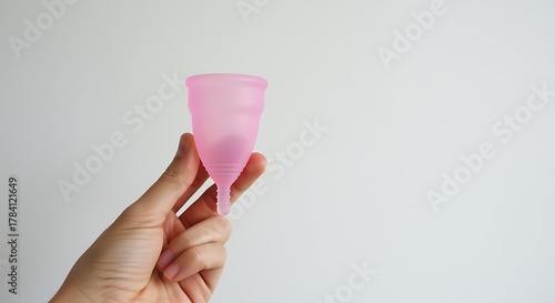 Hand holding pink menstrual cup against plain white background female hygiene reusable