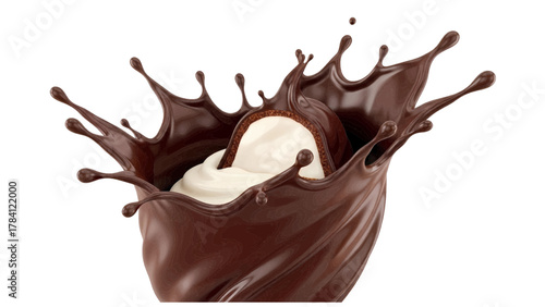 Vector illustration of chocolate truffle splashing into liquid chocolate on a white background