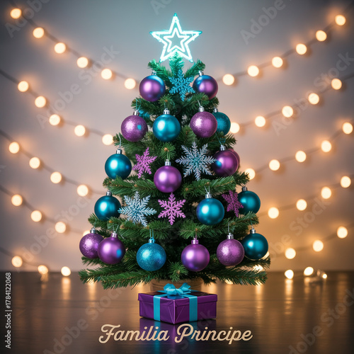 Festive christmas tree with star and ornaments, gift box, bokeh lights