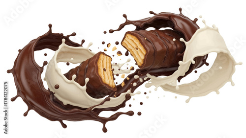 Vector illustration of chocolate bar pieces splashing into liquids on a white background