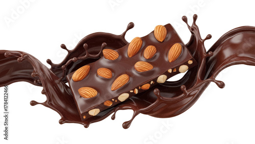 Vector illustration of chocolate bar with almonds breaking through a splash of dark chocolate on a white background
