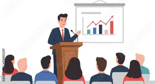 Business presentation, corporate speaker, public speaking, data analysis, growth chart, professional seminar, audience engagement, leadership, conference, marketing strategy, success, bar graph