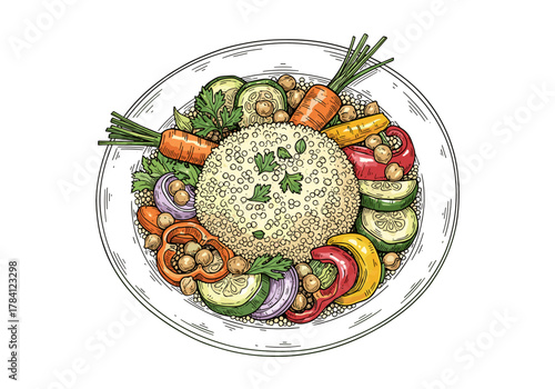 Healthy couscous bowl with fresh vegetables for a vegan recipe blog or cafe menu layout