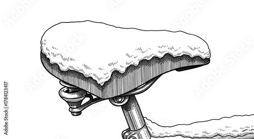 Vintage engraving of a snow-covered bicycle seat for a winter-themed blog or creative design