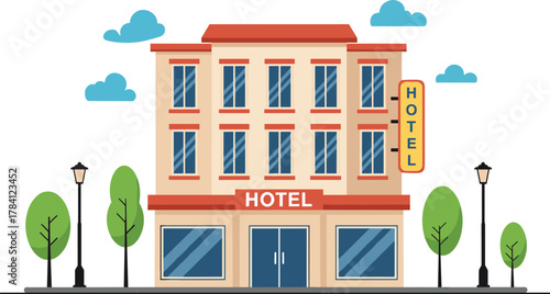Cartoon hotel building illustration, urban architecture, hospitality concept, red signage, welcoming exterior, city street, trees, windows, travel, accommodation