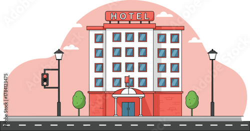 Cartoon hotel building, urban architecture, city accommodation, travel concept, street view, pink sky, trees, lamps, traffic light, illustration design
