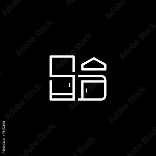 Simple white line art illustration of a house on a black background from a direct viewpoint