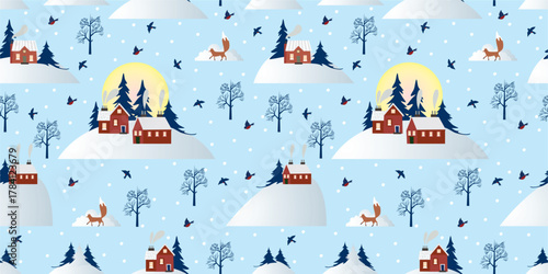 Seamless pattern. Morning. Sun. Winter. English village. Red houses. Fox. Bullfinches. Spruce trees. Snowdrifts. Vector. Minimalistic design. EPS