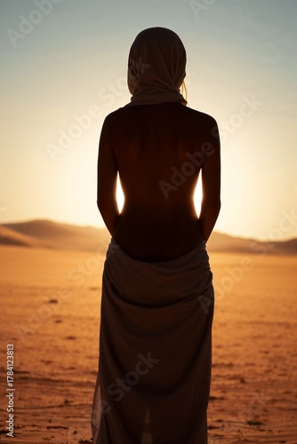 Silhouette of a beautiful woman in the desert