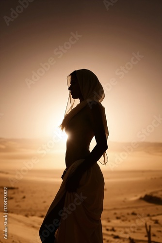 Silhouette of a beautiful woman in the desert