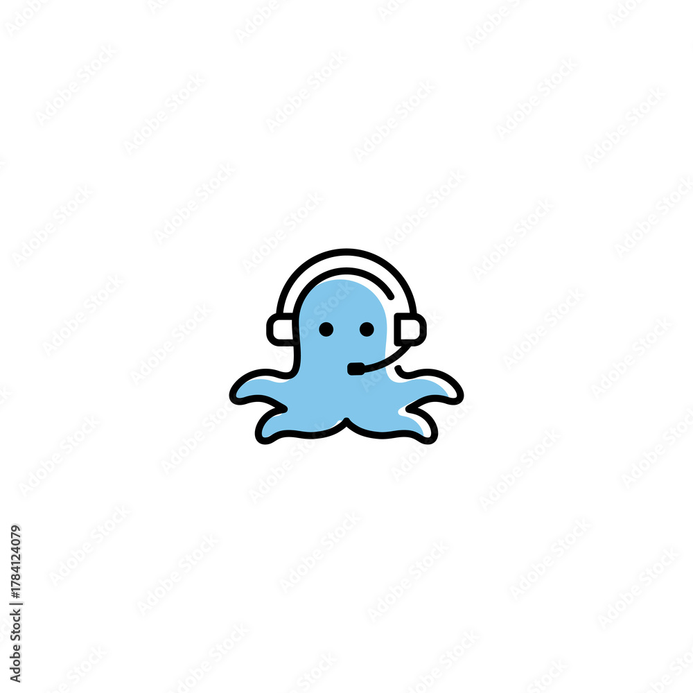 Fototapeta premium A blue octopus character wearing headphones with a friendly smile in a simple illustration style