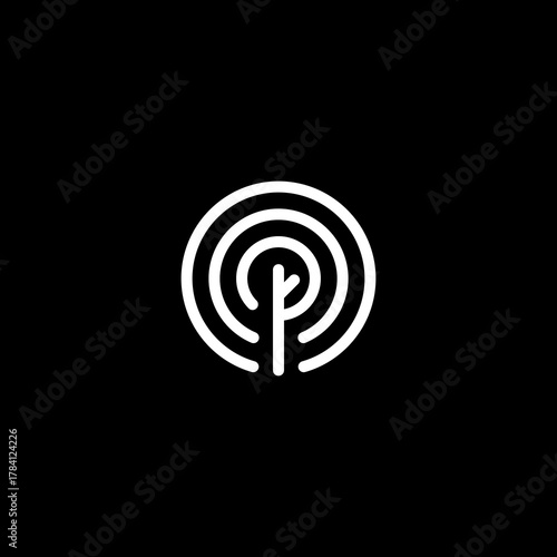 A stylized letter P inside a circular maze-like structure viewed from directly above