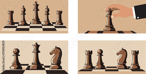Chess strategy concept, tactical board game scene, king move, pawn promotion, rook defense, knight attack, professional chess illustration, competitive mindset