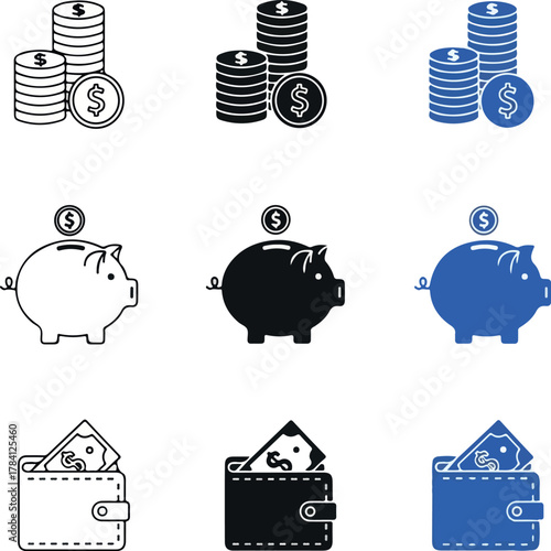 Financial icon set with coins piggy bank and wallet.