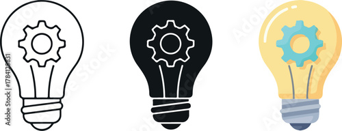 Lightbulb with gear icon set in line art silhouette and flat color styles.