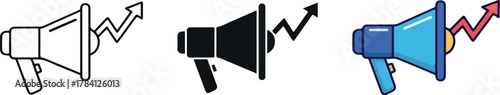 Megaphone with Growth Arrow Icon Set in Different Styles.