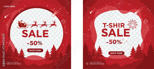 Christmas sale banner, holiday discount design, Santa sleigh vector, winter promotion template, festive red background, fireworks, reindeer, shop now