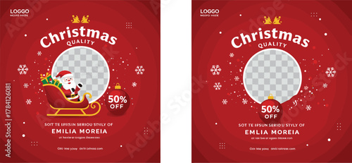 Christmas sale template, festive banner design, Santa sleigh illustration, holiday discount ad, red background, snowflakes, fashion promo flyer, editable layout