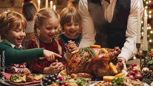 Excited Children Await Christmas Turkey Dinner with Family.