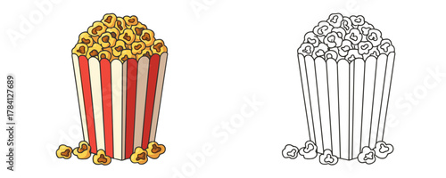 Vector illustration set of a full striped bucket of fresh popcorn, shown in both color and outline versions on a white background, with scattered kernels
