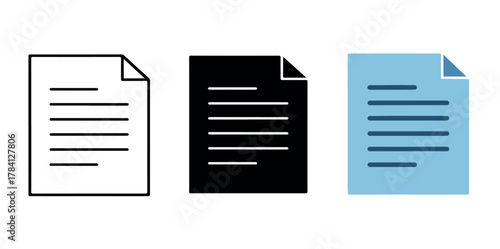 Set of three document icons in outline solid and flat styles.