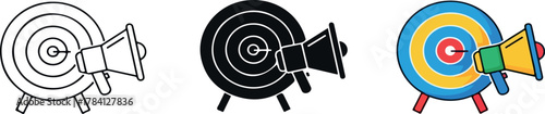 Targeted advertising and marketing campaign icon set with megaphone and dartboard.