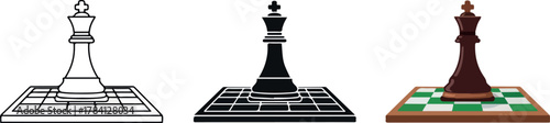 Three Styles of a Chess King on a Chessboard Illustration Set.