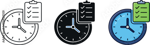 Time Management Schedule Icon Set with Clock and Checklist.