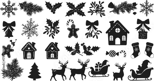 Christmas silhouette icons, festive holiday symbols, black vector elements, snowflakes, candy canes, Santa sleigh, gingerbread, mistletoe, pine tree, gifts