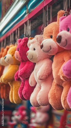 A row of hanging plush toys at a carnival game booth, vibrant textures and colors, clean and professional composition, copy space, natural color, minimalism, stock photography