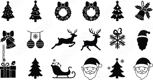 Christmas silhouette icons, festive vector set, holiday decorations, Santa, reindeer, tree, wreath, gift, snowflake, elf, ornament, bell, sleigh, winter, celebration, black icons, seasonal clipart