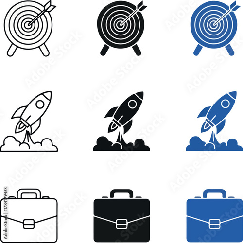 Business success and startup icon set in multiple styles.