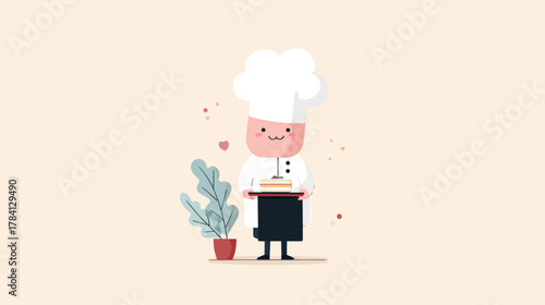 Chef character cooking a meal with a colorful graphic design