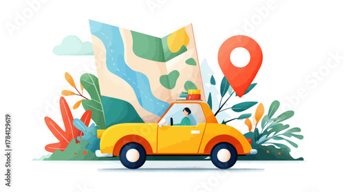 Colorful Vector Road Trip Car and Map Icons Minimal Design