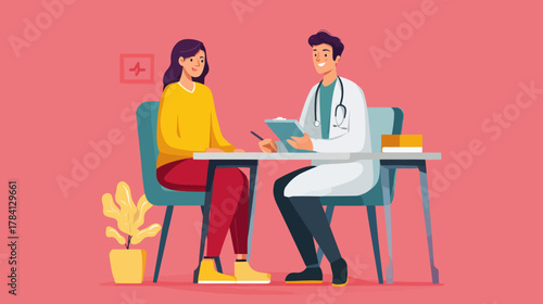 Doctor consulting patient in colorful minimalist vector scene
