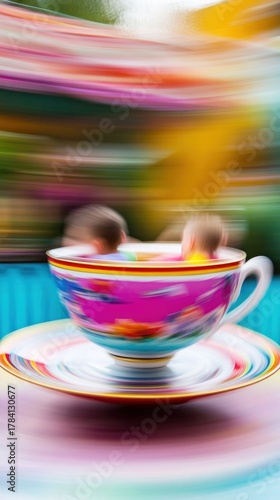 A spinning teacup ride captured in motion blur with kids inside, dynamic and colorful, clean and professional composition, copy space, natural color, minimalism, stock photography