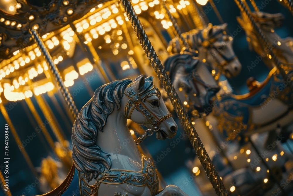 Fototapeta premium A top-down view of a carousel with ornate horses and golden lights at dusk, clean and professional composition, copy space, natural color, minimalism, stock photography