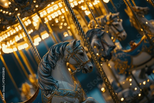 A top-down view of a carousel with ornate horses and golden lights at dusk, clean and professional composition, copy space, natural color, minimalism, stock photography