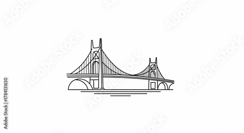 Line drawing of a suspension bridge with two towers, cables, and arched supports, isolated on a white background.
