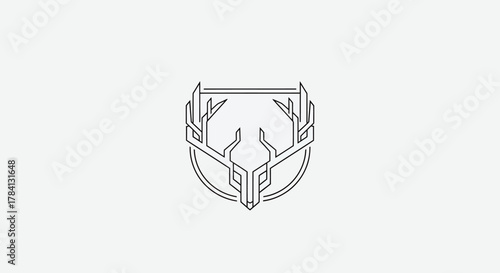 Minimalist line art logo featuring a stylized deer head with antlers, enclosed within a circular and geometric shield shape.
