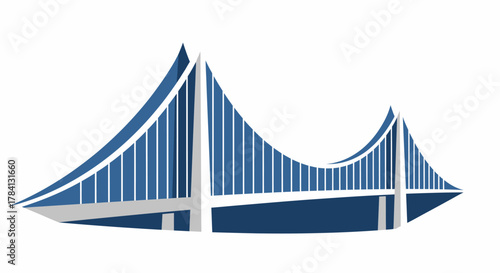 Stylized blue bridge illustration with geometric shapes and vertical lines on a white background.