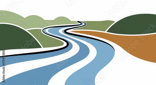Stylized illustration of a winding river flowing through a landscape with green hills and a brown field against a white background.
